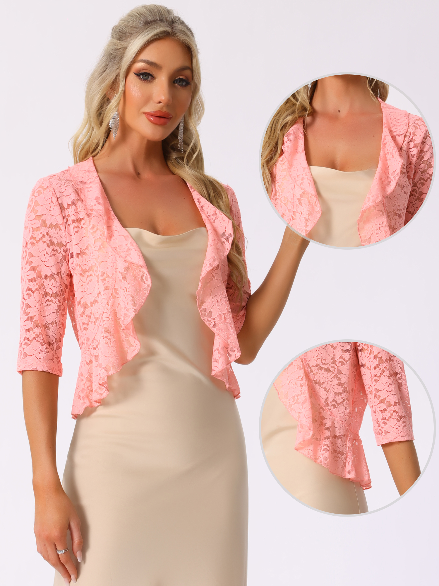DARING DIVA Women's Lace Shrug Ruffle Cardigan Open Front Half Sleeve Bolero L Pink