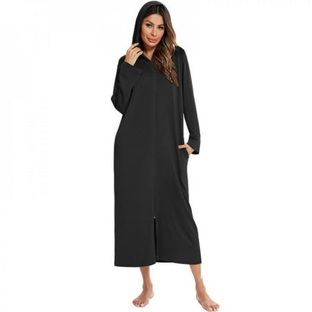 

Sales Promotion!Women Long-sleeved Pajamas Fashion Hooded Nightgown Long-sleeved Zipper Loose Casual Nightdress Black L