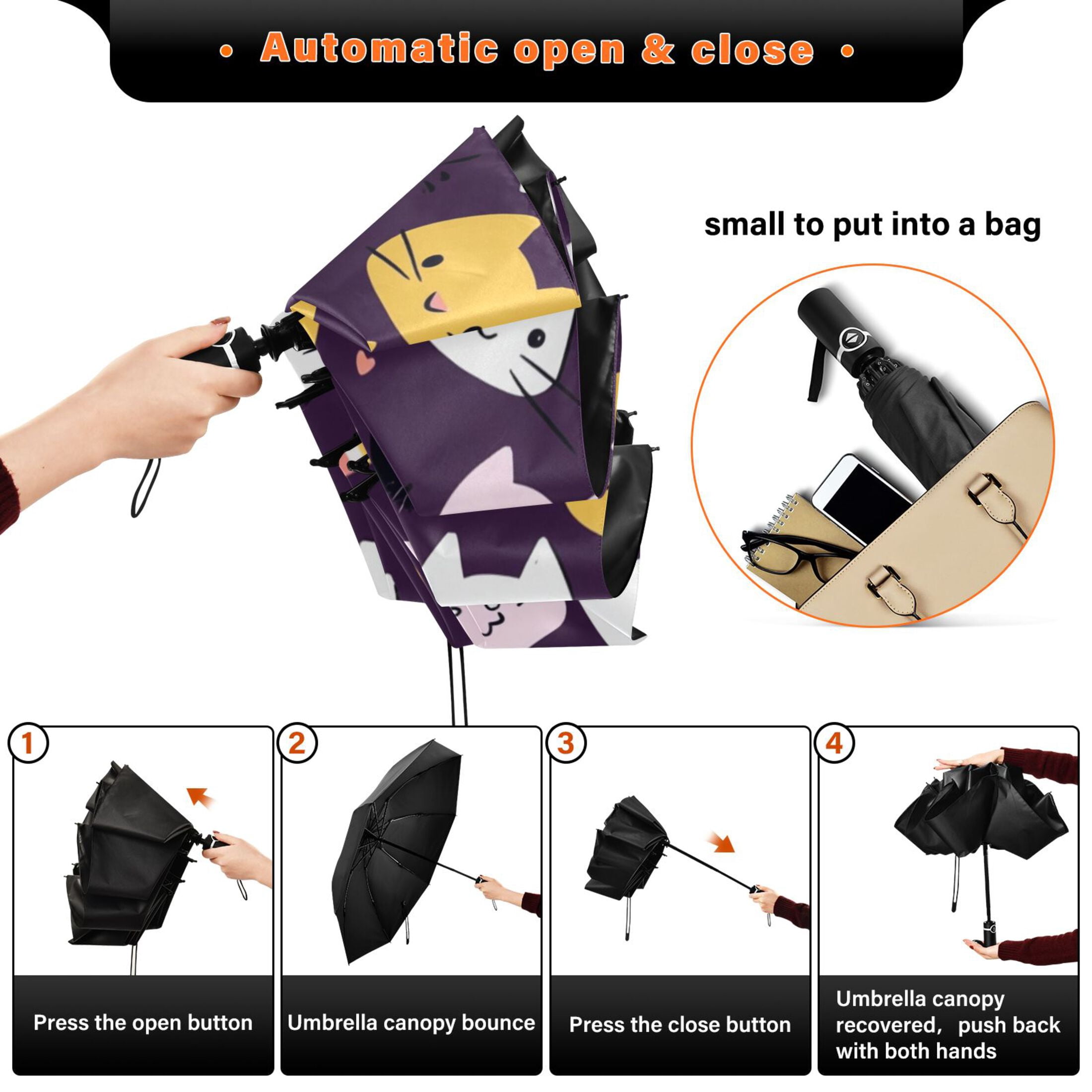 Cute Cats Extra Large Automatic Umbrella, UV Protection, Waterproof, Auto Open and Close