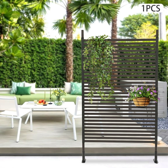 Outdoor Privacy Screens Freestanding, 43" W*71" H Metal Slatted Decorative Privacy Screen and Panels with Stand, Brown Backyard Privacy Panels for Garden Patio