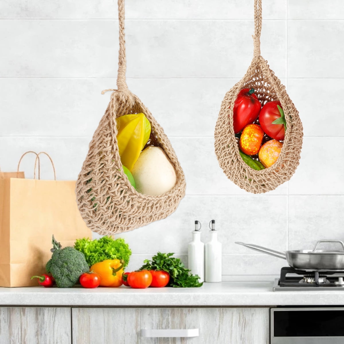 Niyofa Vegetable Hanging Basket Boho Style Hemp Rope Fruit Baskets