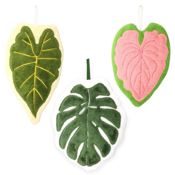 Style-Carry 3 Pack Leaf Shaped Coral Fleece Towels with Hanging Strings, Absorbent Decorative Cleaning Cloth for Bathroom Kitchen