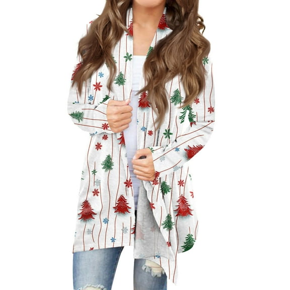 Women's Fashionable Loose-Fit Casual Cardigan with Christmas Print Mid-Length Coat for Holiday Outfits and Comfortable Wear,White,2XL
