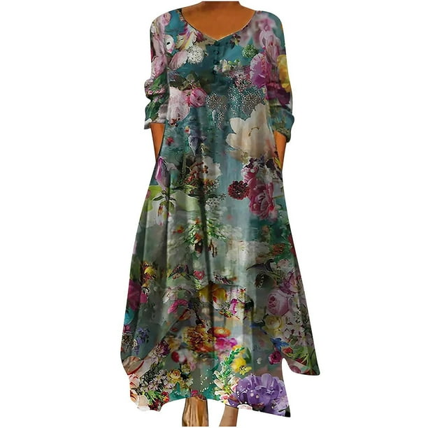 Vestido HUOGUO de manga larga con cuello redondo y estampado floral casual para mujer