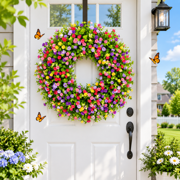 Summer & Spring Wreaths for Front Door – Outdoor Decorative Door Wreath, All-Season Home Entryway Decor