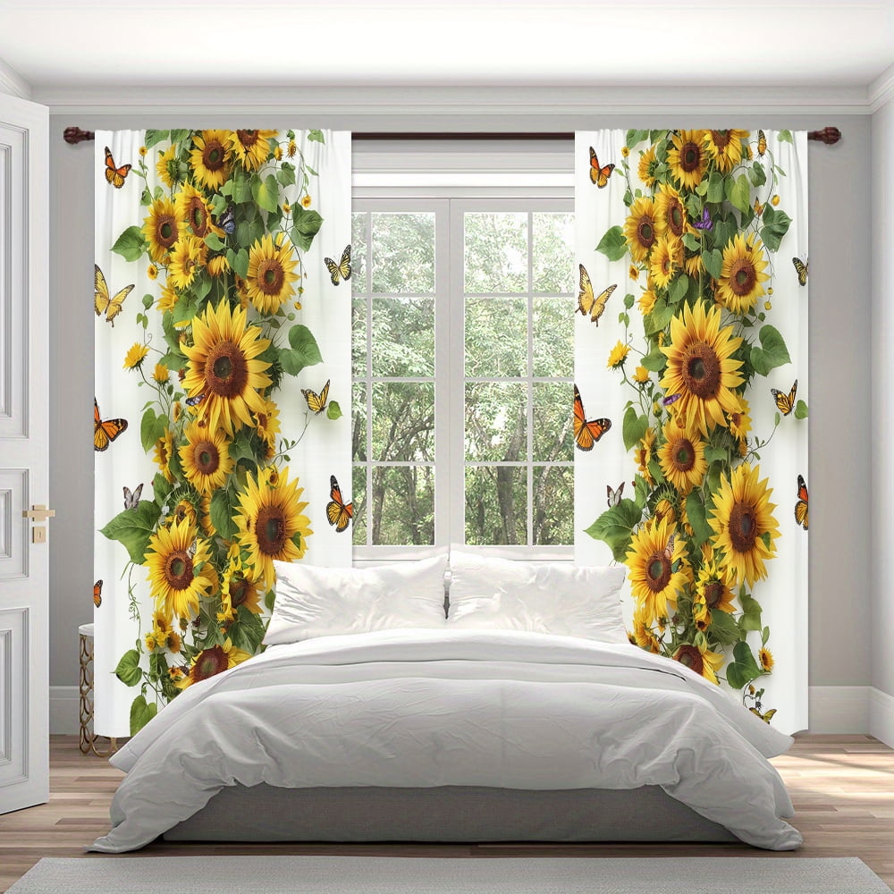 WNOOHIY Rural Natural Butterfly Sunflower Green Branches Light-filtering Window Curtains for Bedroom and Living Room, Set of 2 Panels