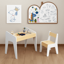 Coowa Wooden Kids Table and Chair Set, 2-Piece Study and Activity Desk for Toddlers and Kids Age 2–8, Minimalist Furniture for Reading, Drawing & Homework, White