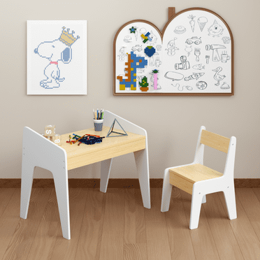 Coowa Wooden Kids Table and Chair Set, 2-Piece Study and Activity Desk for Toddlers and Kids Age 2–8, Minimalist Furniture for Reading, Drawing & Homework, White