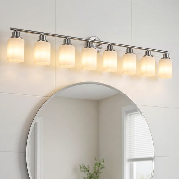 52" Modern 8-Light Bathroom Vanity Light Fixture, Brushed Nickel Wall Sconce with Frosted Glass Shades, Hardwired Lighting for Vanity Mirror, Hallway, Powder Room (Bulbs Not Included)