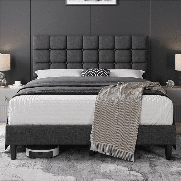 Fullfurnique Cadre de Lit Plateforme Rembourré avec Tête de Lit Capitonnée Carrée, Queen, Gris foncé