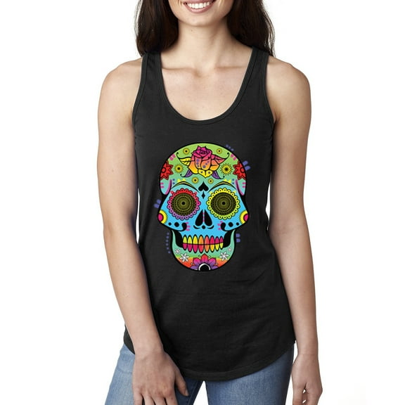 Wild Bobby, Colorful Floral Sugar Skull Streetwear Ladies Racerback Tank Top, Black, Small