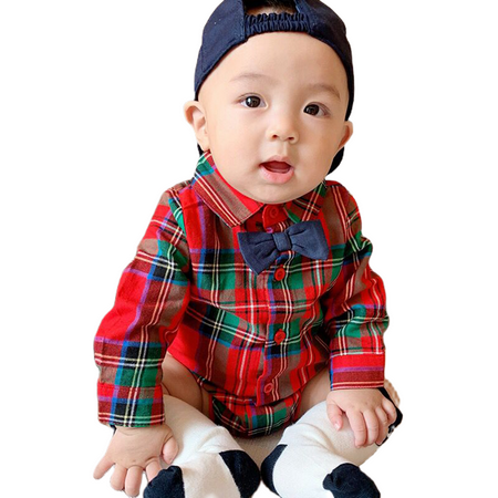 

AMILIEe Toddler Baby Boys Girls Romper Bow Tie Plaid Button Long Sleeve Bodysuit Shirt for Children