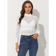 thumbnail image 3 of Blusa floral de manga larga con cuello alto y manga larga con encaje de malla para mujer Blanco M, 3 of 5
