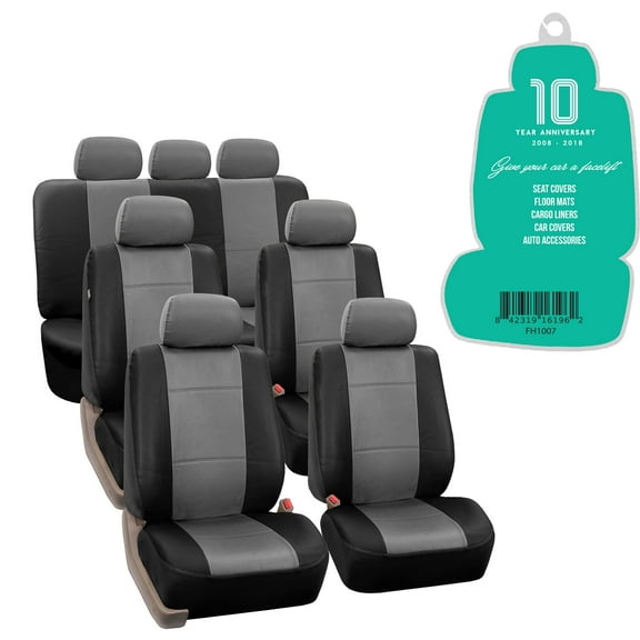 FH Group, Gray Black PU Leather 3 Row Full Set For SUV Van Seat Covers Set with Free Air Freshener