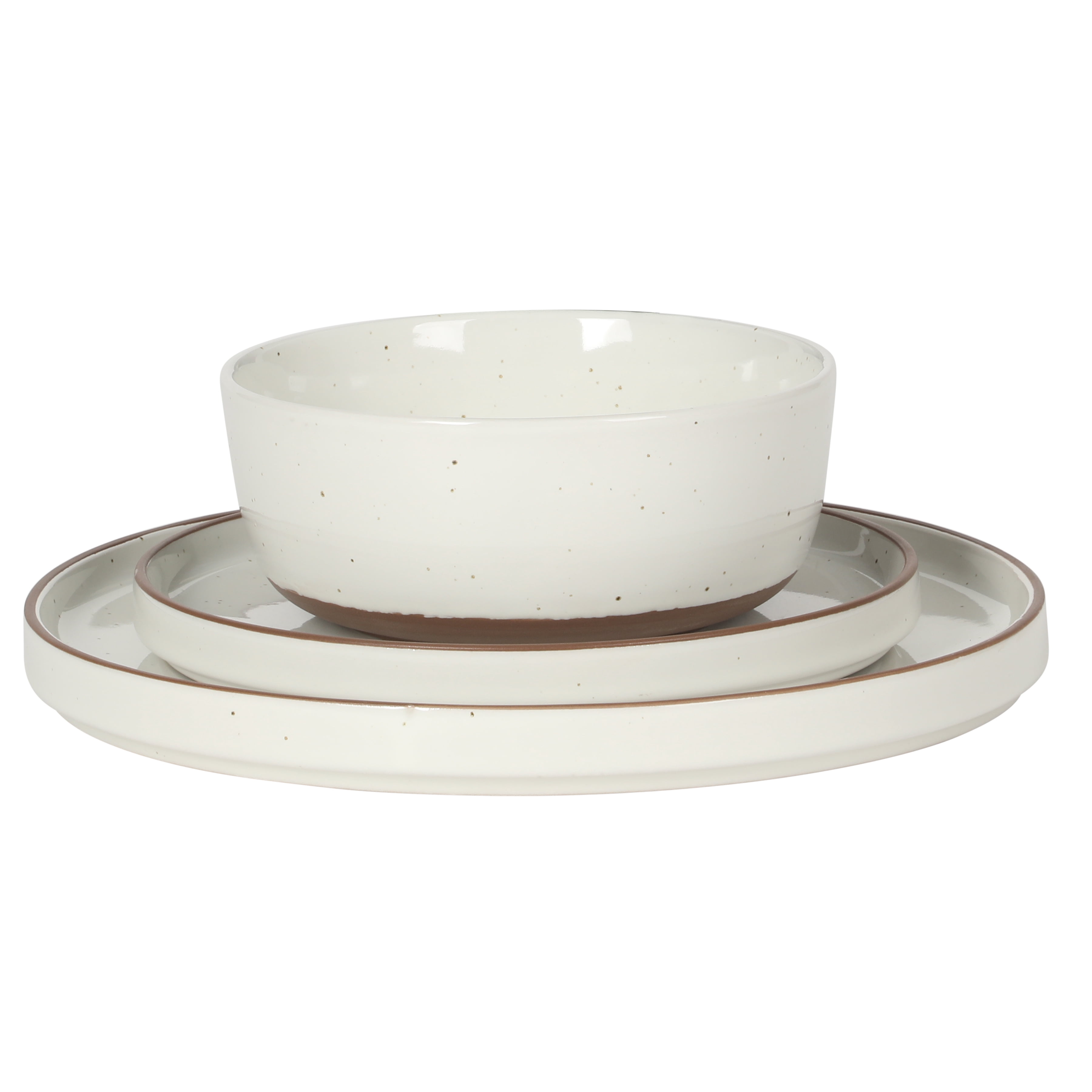 Gibson Elite Northrock Stoneware Dinnerware Set, 16-Piece Service for 4 Plates and Bowls Set – White Dishes with Hand-Painted Terracotta Base