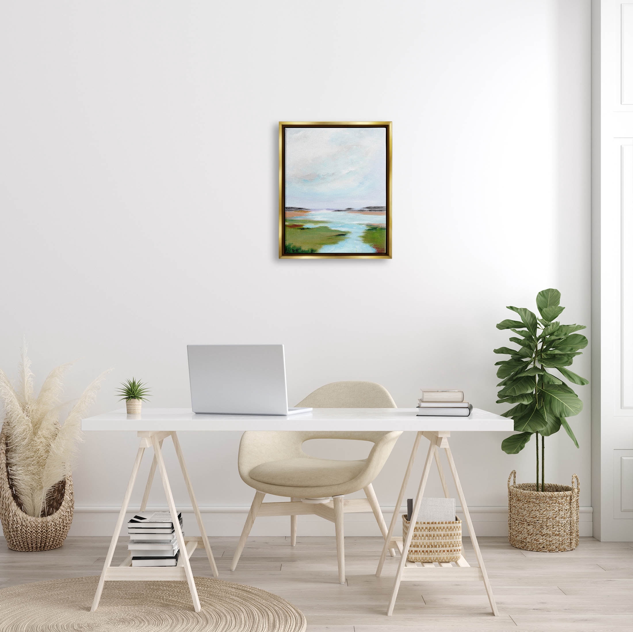 Stupell Industries Tranquil River Soft Dreamy Clouds Painting Metallic Gold Floating Framed Canvas Print Wall Art, Design by Nikita Jariwala