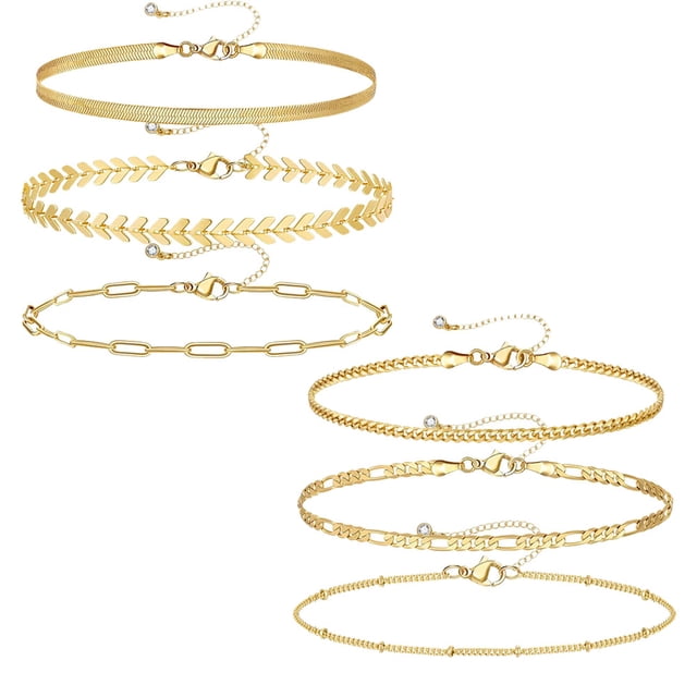 Juego de pulseras de cadena con cuentas de oro para mujer Chapado en oro real de 19 quilates Pulsera de eslabones de cadena de oro fino y delicado Pila de pulseras de oro ajustables Joyería para