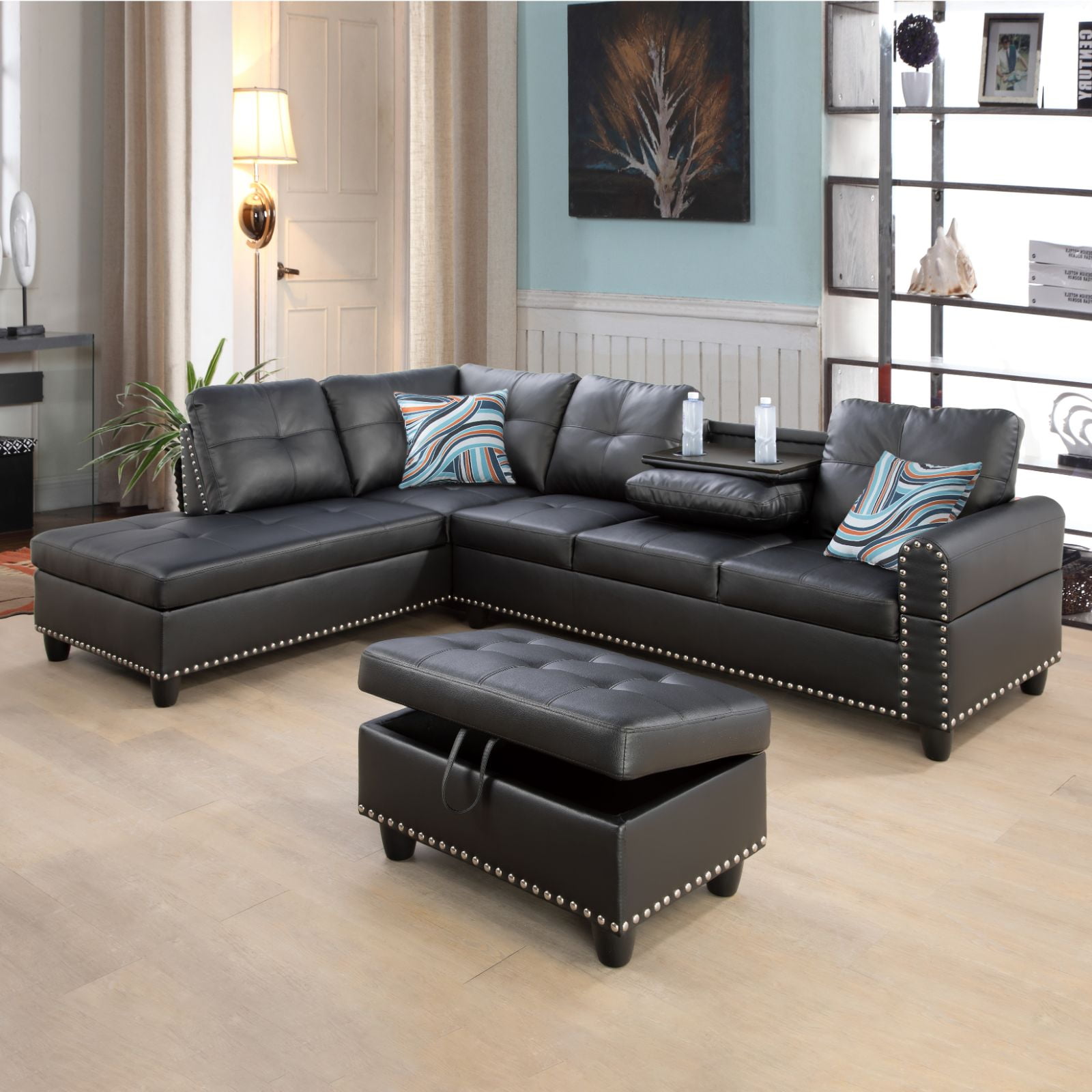 Modern L-Shaped Sectional Sofa Set with Left Chaise & Ottoman - Faux Leather Tufted Modular Couch for Living Room, Black