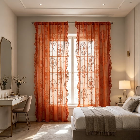 Qocolcyl Ruffled Vintage Lace Sheer Curtains 2 Panels,Floral Embroidery Light Filter Window Drapes,Multi Color Rod Pocket Lace Curtain Panels,Romantic Living Room Window Decor Orange