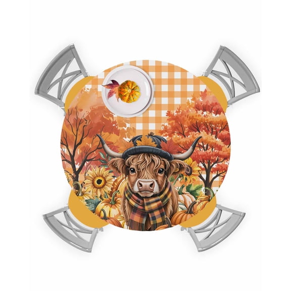 Round Fitted Tablecloths Scottish Highland Cow Waterproof Table Cover for Kitchen Dining Party Decor Country Pumpkins Check,36"-44"