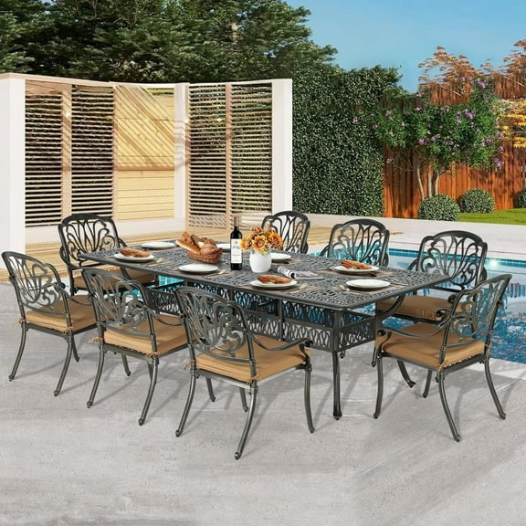 9-Piece Patio Dining Set for 8, All Weather Cast Aluminum Outdoor Funiture Table and Chairs Set - 94.5" Rectangular Table and 8 Cushioned Dining Chairs, 2" Umbrella Hole, Khaki