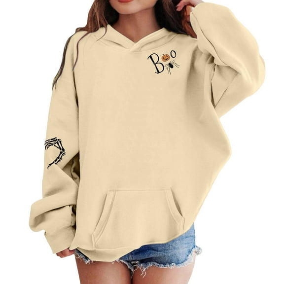 Hpapadks Hoodies for Teen Girls Children Halloween Print Hoodie Fleece Lined Top Baby Sweatshirt Beige 5-6 Years