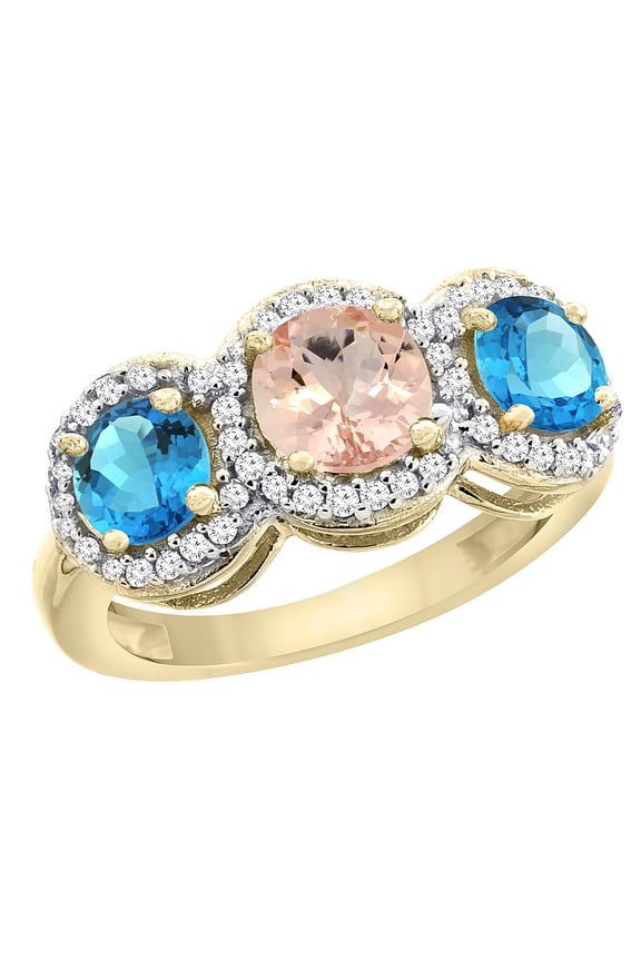 14K Yellow Gold Natural Morganite & Swiss Blue Topaz Sides Round 3-stone Ring Diamond Accents, size 9