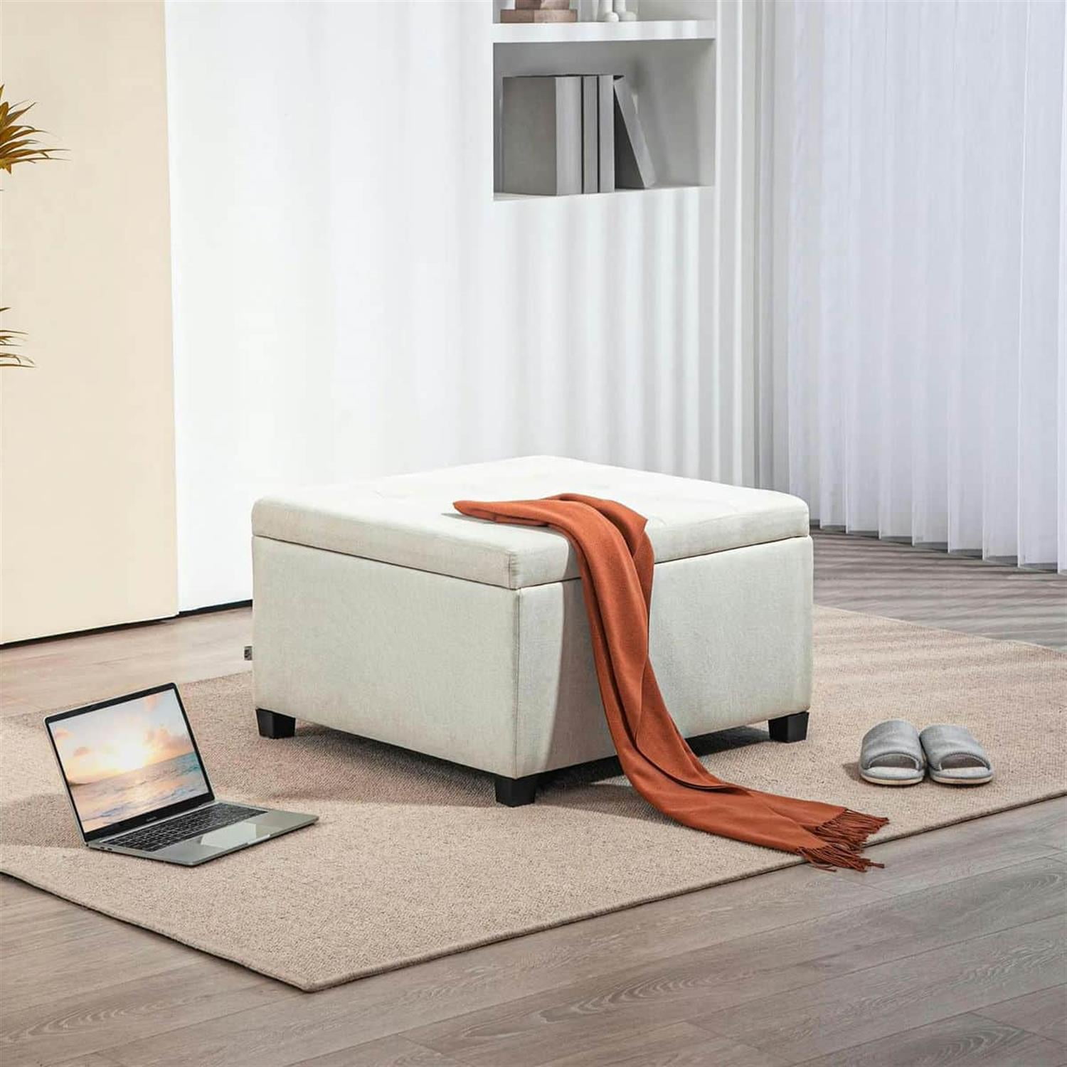 Demi Bonn 27" Bench Button Tufted Storage Ottoman, Velvet Flip Top Ottoman for Living Room, Bedroom, Entryway, Beige