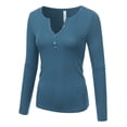 thumbnail image 2 of Doublju Women's Long Sleeve Basic Henley Deep V-Neck Button Placket T-Shirt, 2 of 4
