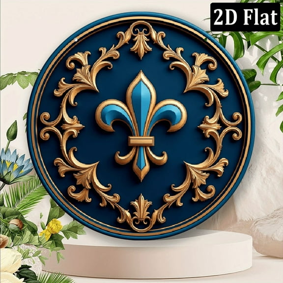 2D Flat, 1pc Vintage-Inspired Fleur-de-Lis Wall Plaque - Rustic Round Aluminum Metal Wall Art with Blue & Golden Floral Design, 8x8 Inch Home Decor for Kitchen, Garden, Office - Elegant Gift