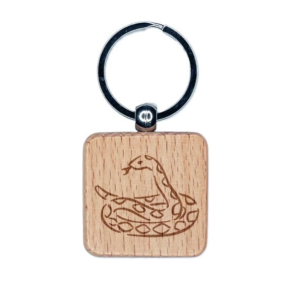 Coiled Snake Forked Tongue Square Keychain Charm Tag - Engraved Wood