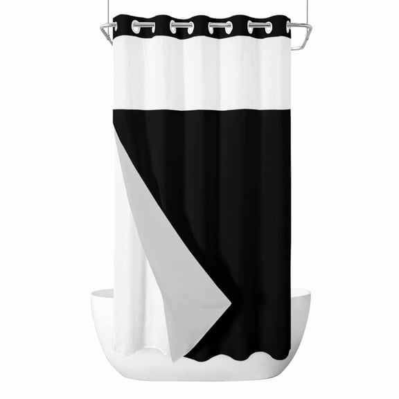 No Hook Shower Curtain, Pure Black Small Shower Curtains with Snap in Liner, Simple Solid Color Waterproof Washable Fabric Bathroom Curtain Sets, 36"W x 78"L
