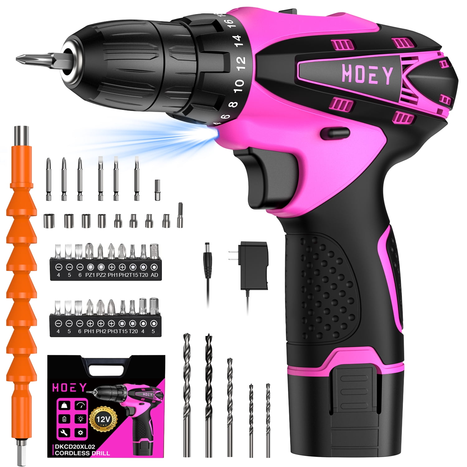 Pink 12V Cordless Drill Kit for Women, Lightweight Electric Screwdriver with Battery, Charger, LED Light for Home Repair, DIY Projects and Gifts