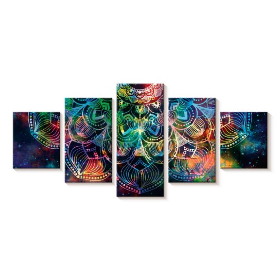 Elephant Stock Celestial Mandala Wall Art - Horizontal Multi Panel Canvas - Living Room Wall Decor - Decor Elements Multi Panel - Turquoise And Blue Decor - 29" x 12"