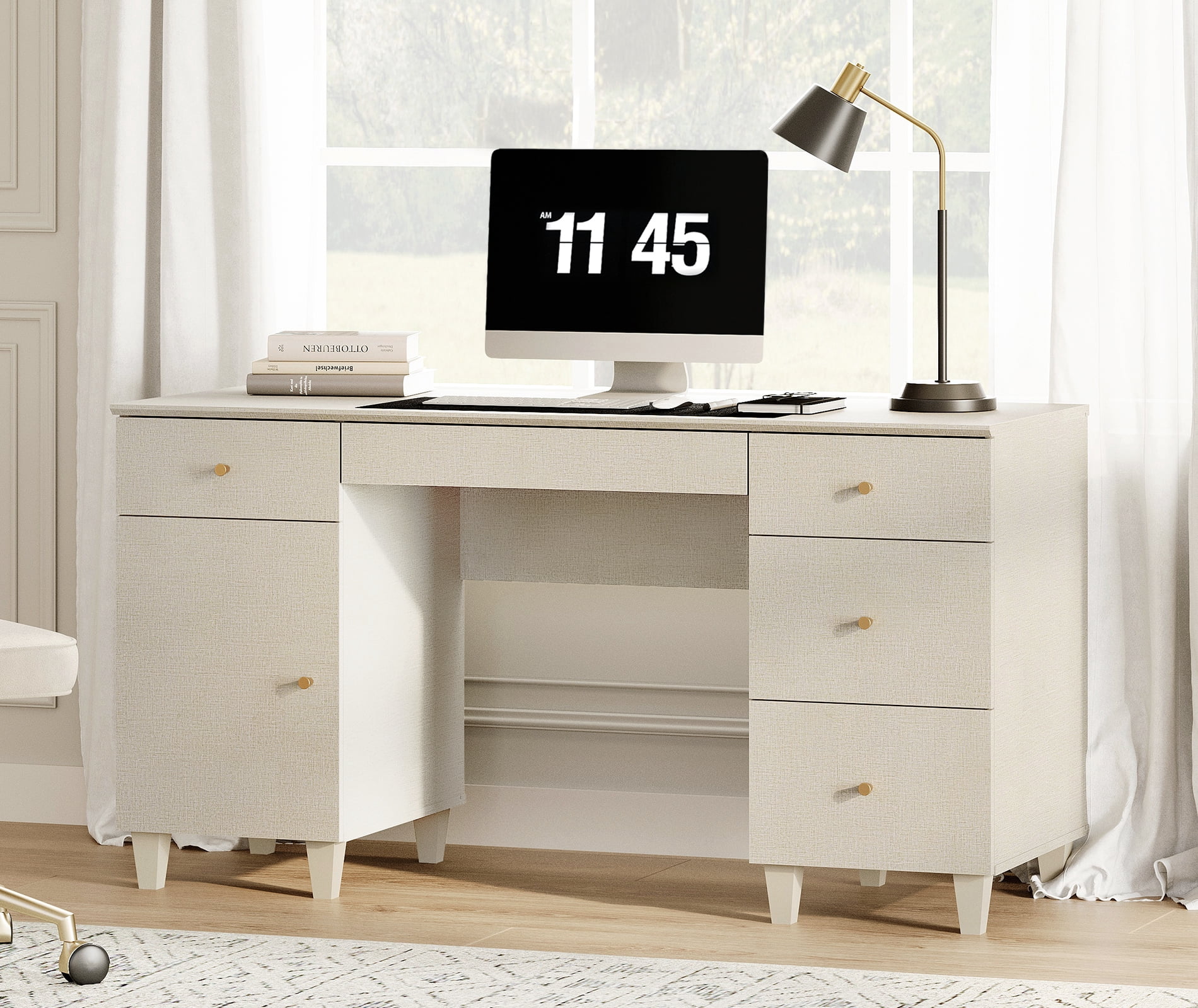 WAMPAT 58" Executive Desk with 5 Drawers and 1 Door, Modern Farmhouse Home Office Computer Table with Charging Station, Beige