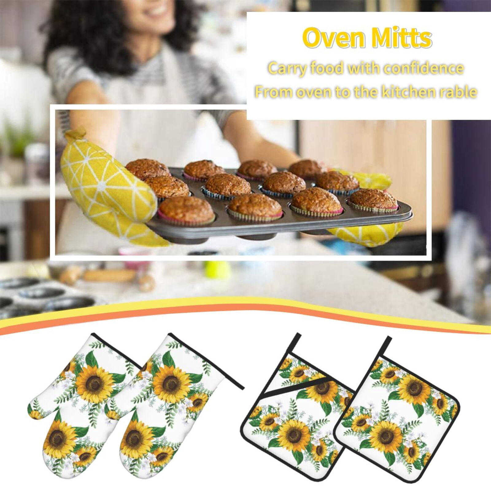 Naloa Sunflowers (2) Oven Mitts and Pot Holders 4 pcs Set, Cooking Baking Grilling Kitchen Oven Glove for Cooking