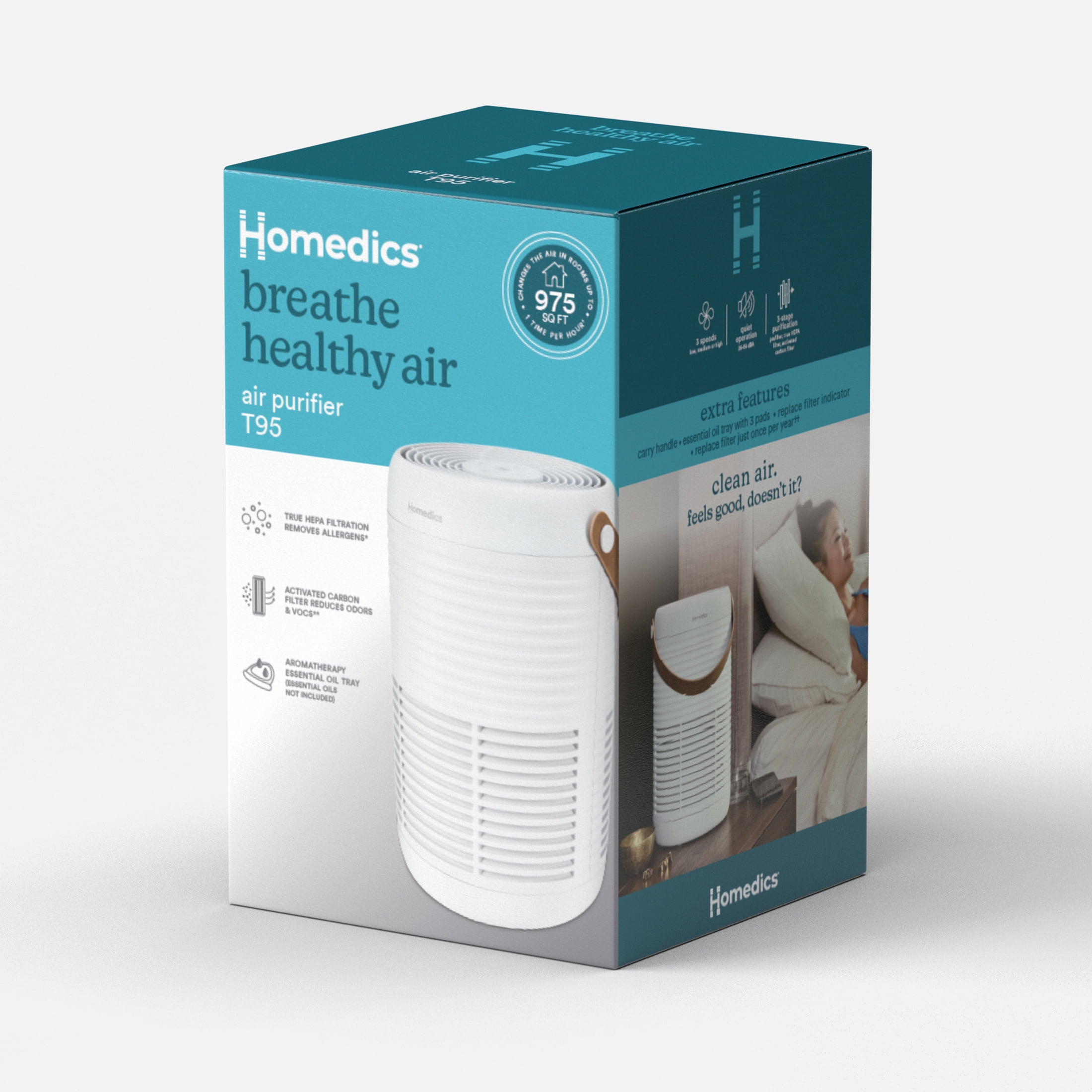Homedics 3-1 Air Purifier, 975 Sq. ft of Coverage/Hour. True HEPA Filtration, Activated Carbon Odor Filter, Pre-filter, Reduces Airborne Allergens, for Medium Rooms