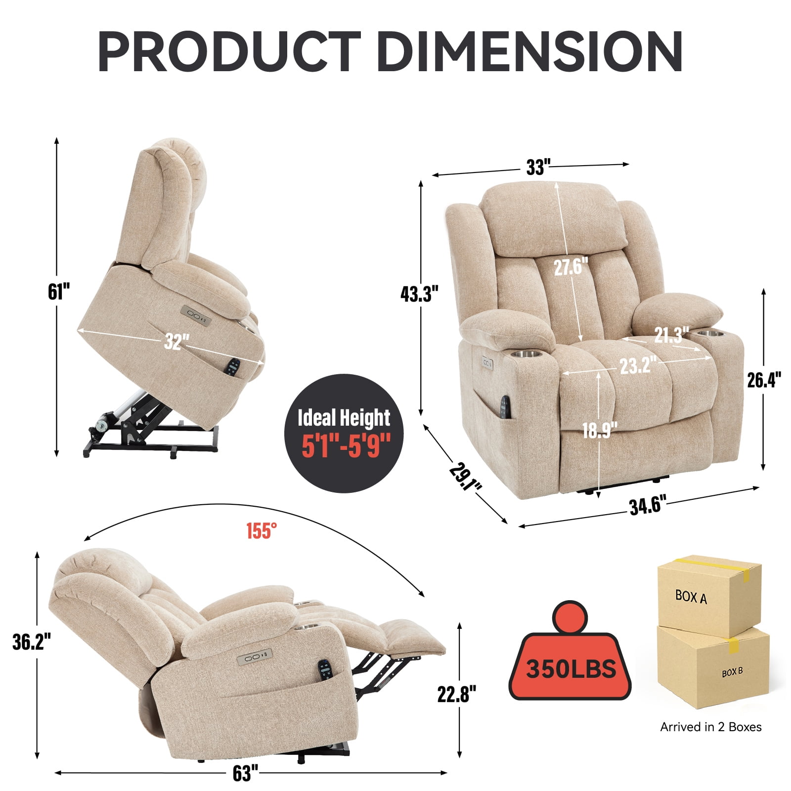 Alvantor Large Power Lift Recliner Chair for Elderly with Massage and Heat Chenille Electric Recliners Chair with USB Ports & Cup Holders for Living Room Beige