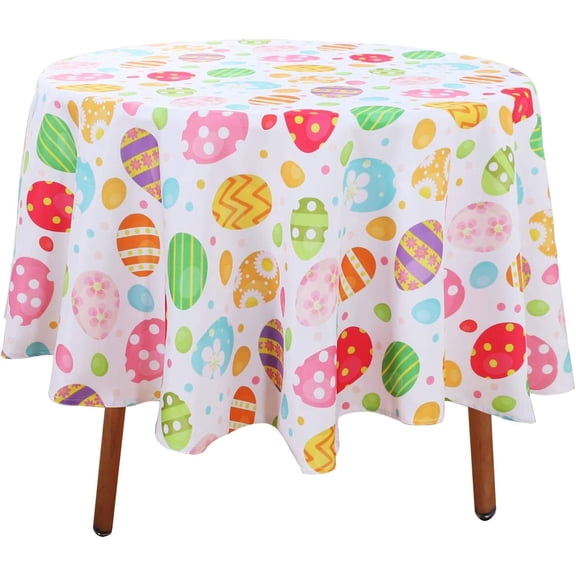 Easter Fabric Round Table Cloth, Polyester Easter Colorful Eggs Tablecloth, Table Cover Protector for Holiday, Party, Wedding, Birthday, Banquet Decoration Use, 60 Inch, Egg