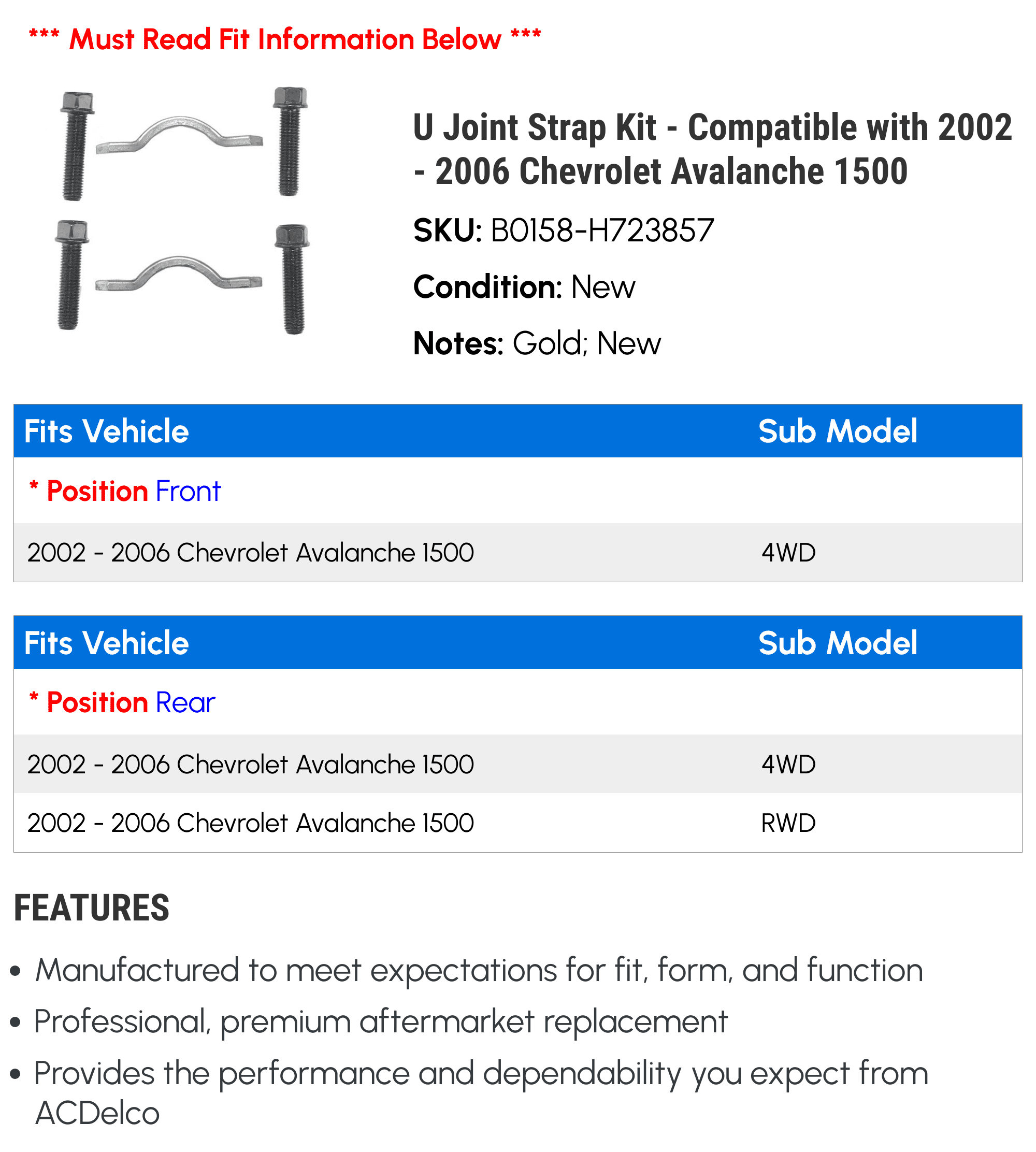 U Joint Strap Kit - Compatible with 2002 - 2006 Chevrolet Avalanche 1500 - AC Delco