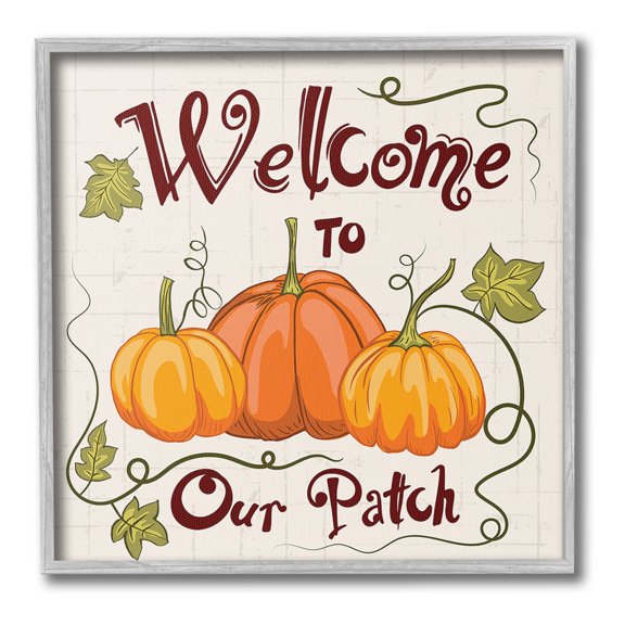 Stupell Industries Pumpkin Patch Welcome Holiday Painting Gray Framed Art Print Wall Art, 12 x 12