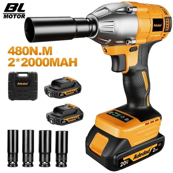 480N.m Cordless Impact Wrench, 20V 1/2" High Torque Impact Gun with 2 Batteries, Charger, Sockets & Case Impact Driver for Car,DIY Tasks