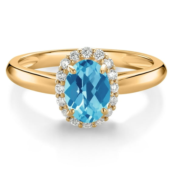 Gem Stone King 10K Yellow Gold Swiss Blue Topaz and White Lab Grown Diamond Halo Engagement Ring for Women (1.13 Cttw, Gemstone November Birthstone, Oval Checkerboard 7X5MM, Size 7)