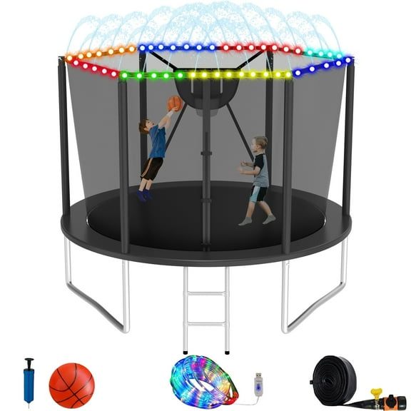 Elitezip Trampoline for Kids and Adults, 10FT 12FT 16FT 14FT Outdoor Trampolines with Enclosure Net, Basketball Hoop, Ladder, Light, Sprinkler, Backyard Recreational Trampoline, Easy to Install