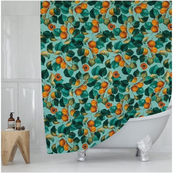 Teal Apricot Leaf Print Shower Curtain - Colorful Botanical Fruit Floral Pattern - Modern Home Decor - Bold Colorful Hotel Style Fabric Shower Curtain For Any Bathroom - 72x72 Inches (Apricot)