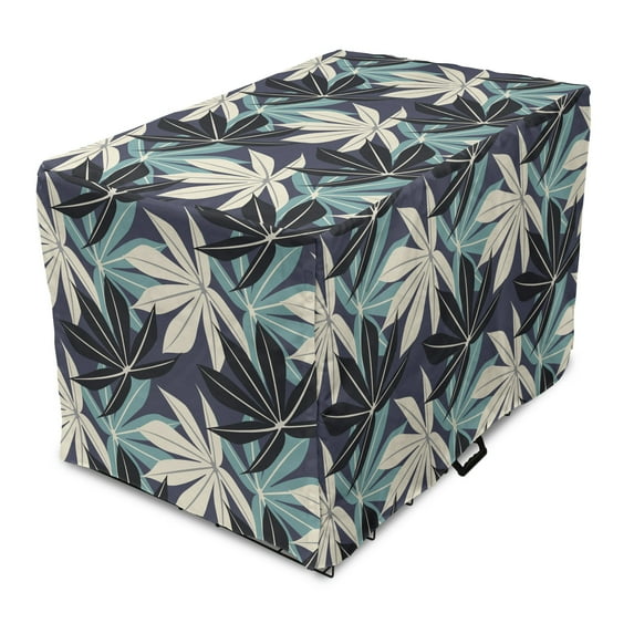 Botanical Dog Crate Cover, Tropical Leaves Repetitive Lines Pointy Petals, Easy to Use Pet Kennel Cover Small Dogs Puppies Kittens, 7 Sizes, Cadet Blue Dark Indigo, by Ambesonne