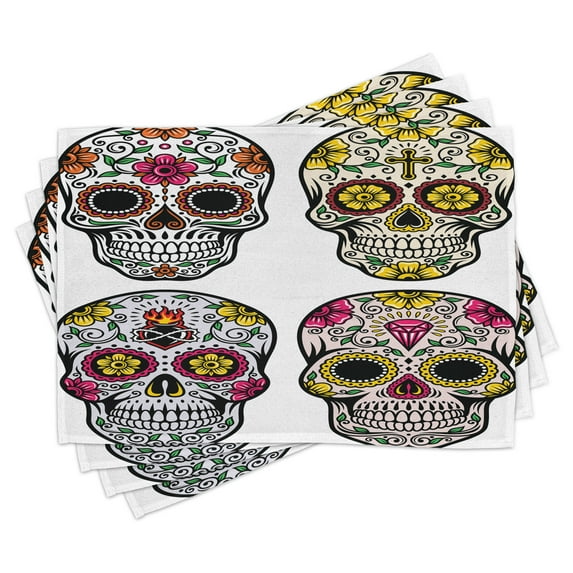 Ambesonne Colorful Place Mats Set of 4, Skull Celebration, Standard Size, Yellow White Black