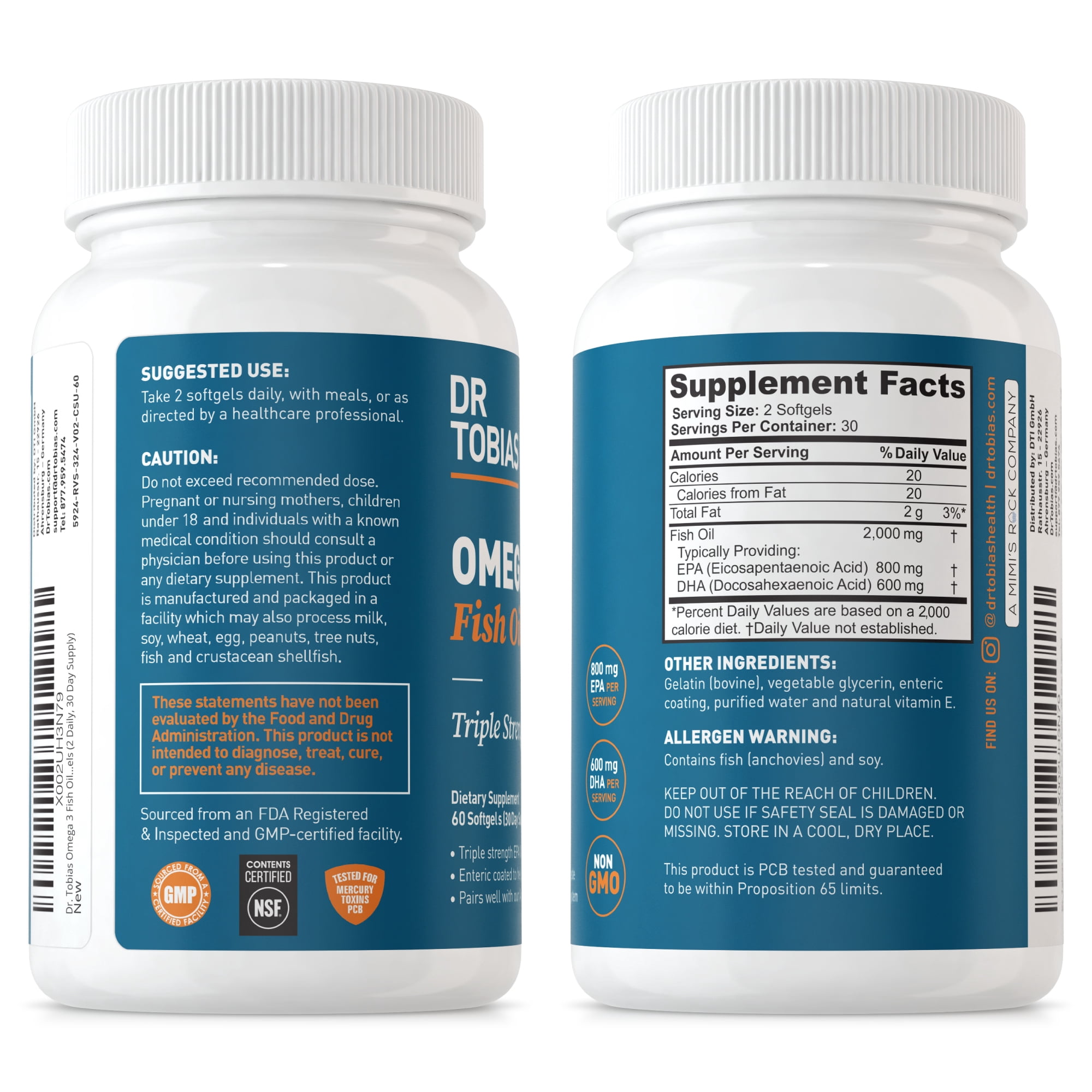 Dr. Tobias Omega 3 Fish Oil 2000mg Triple Strength with 800mg EPA 600mg DHA Per Serving | Fish Oil Omega 3 Supplements for Heart Brain & Immune Support - 60 Softgels (30 Servings)