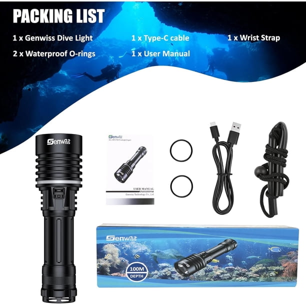 Genwiss Dive Light 2000 Lumen, 150M Waterproof Flashlight, Underwater Flashlight with Type-C Charging, Professional Diving Flashlight for Scuba Diving - Walmart Business Supplies Genwiss Dive Light 2000 Lumen, 150M Waterproof Flashlight, Underwater Flashlight with Type-C Charging, Professional Diving Flashlight for Scuba Diving - Walmart Business Supplies