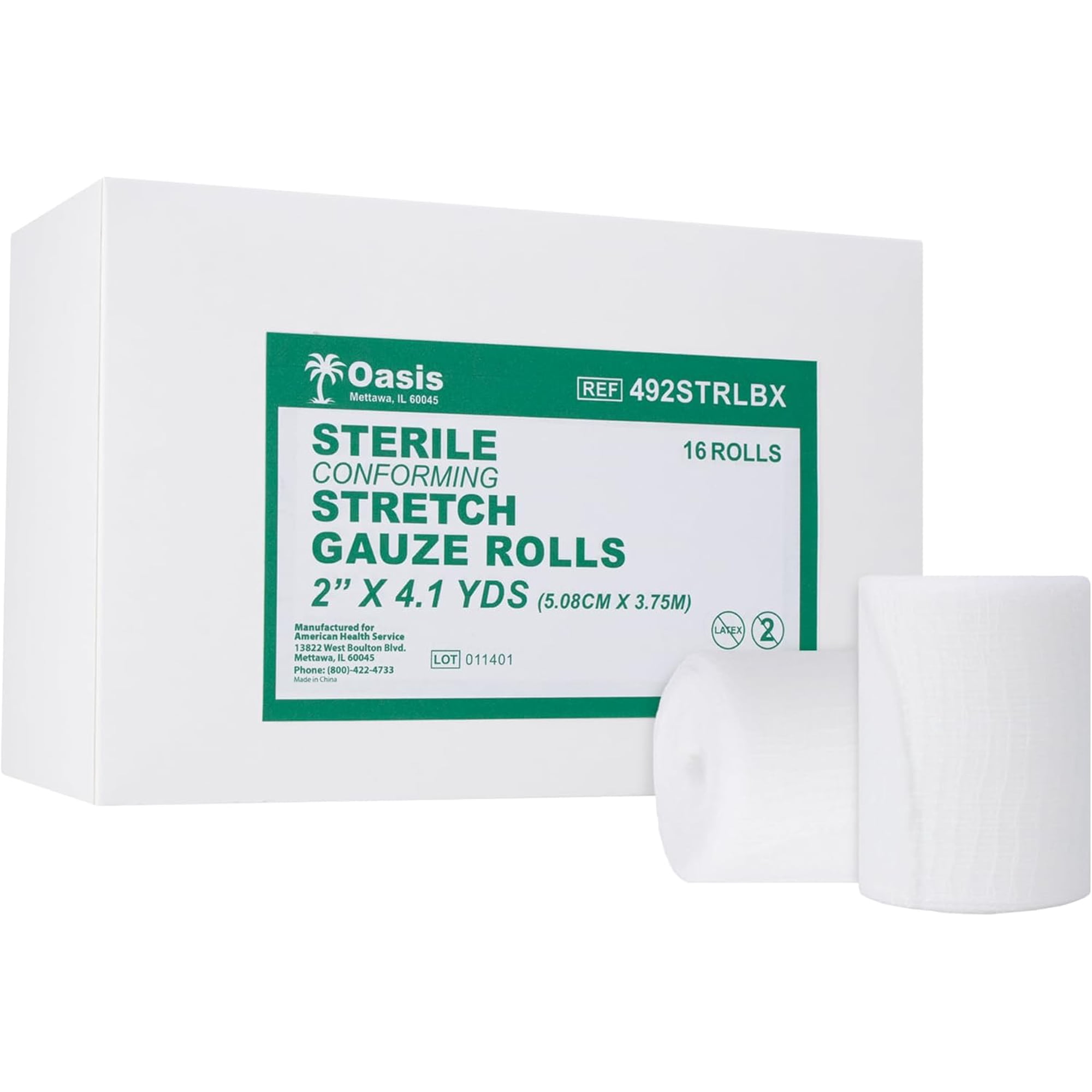 Oasis Conforming Stretch Gauze Bandage, 16 Rolls | Sterile Latex Free Rolled Gauze, Bandage Rolls for Effective Wound Care & Comfort (2" x 4.1 Yards)